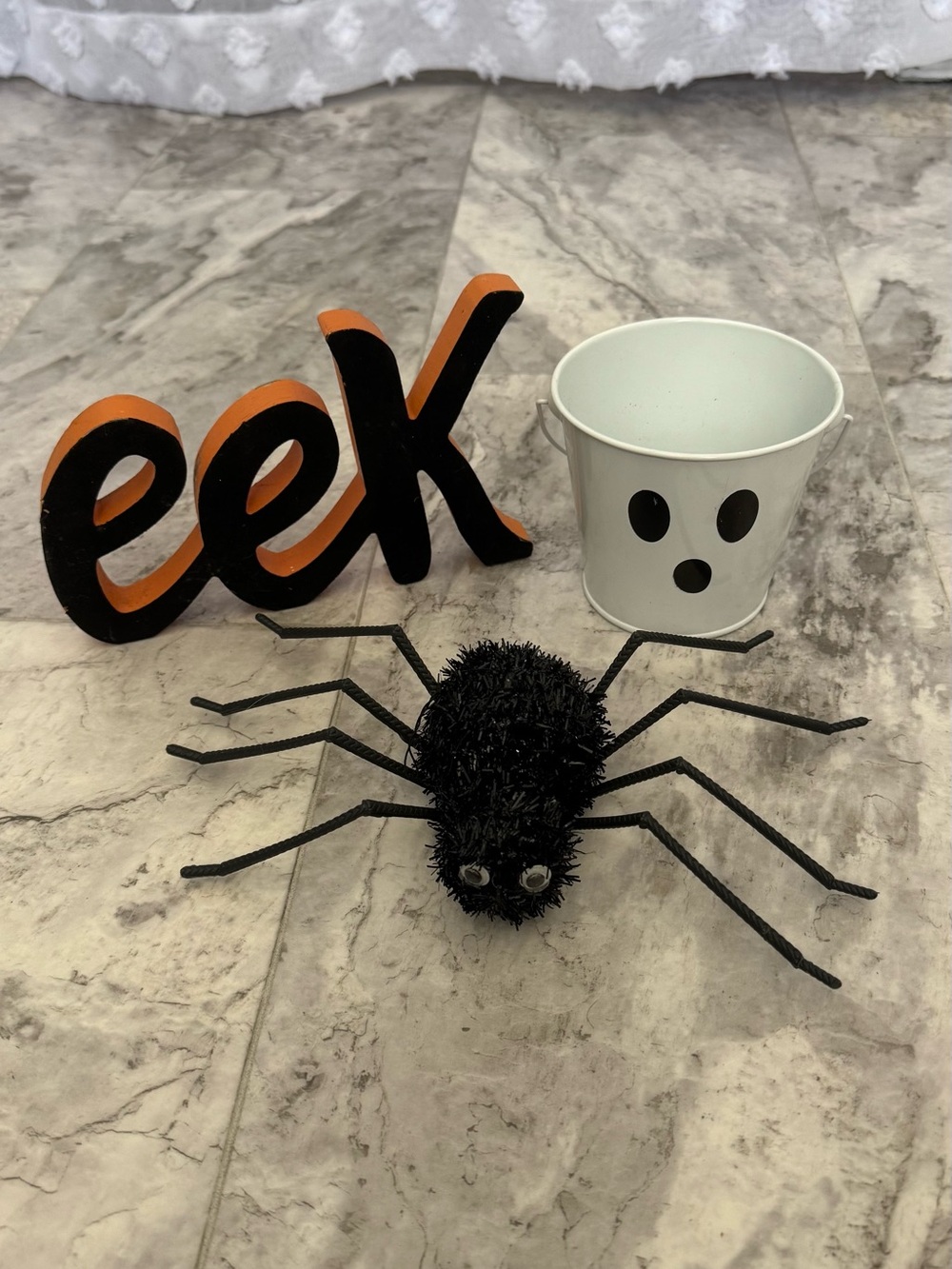 Halloween Decor Bundle - Black Fuzzy Spider, White Ghost Pail, Orange 'eek' Sign